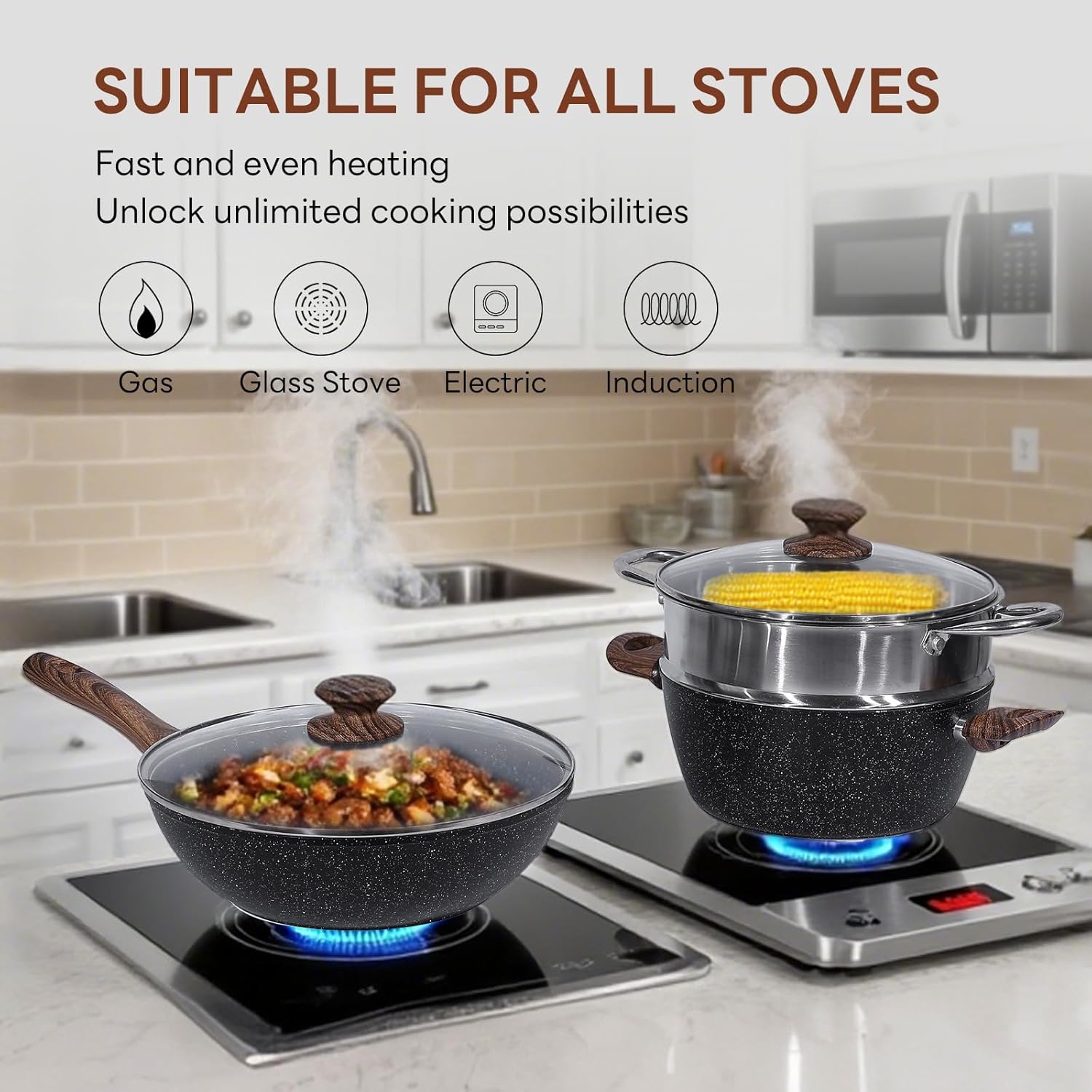 17 Pcs Pots and Pans Set, Nonstick Kitchen Cookware Set, Induction Cooking Sets with Stay-Cool Handles, Black