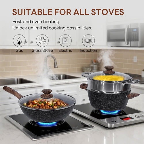 17 Pcs Pots and Pans Set, Nonstick Kitchen Cookware Set, Induction Cooking Sets with Stay-Cool Handles, Black