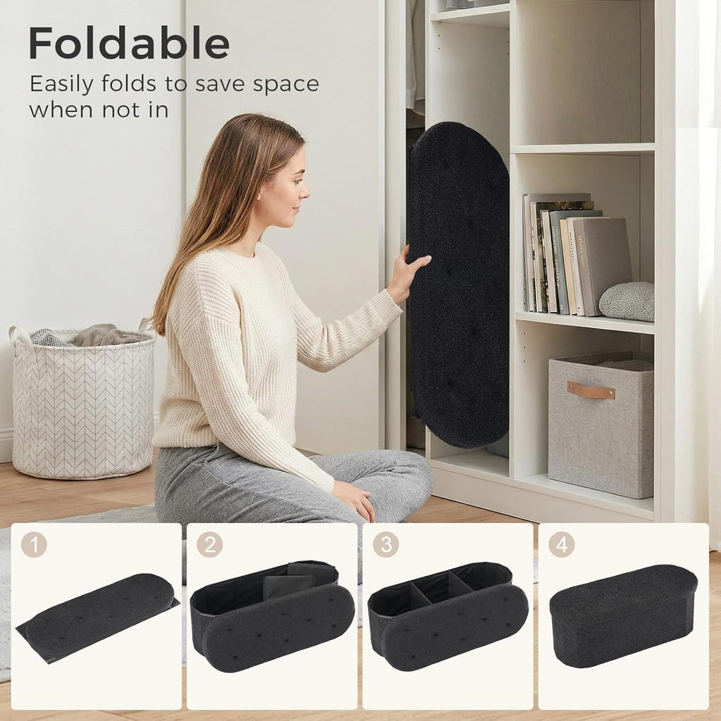 43 inches Folding Storage Ottoman Bench, Oval Round Ottoman End of Bed Foot Rest Bench Stool with Cushion, Storage Chest for Bedroom, Living Room, Entryway, Black