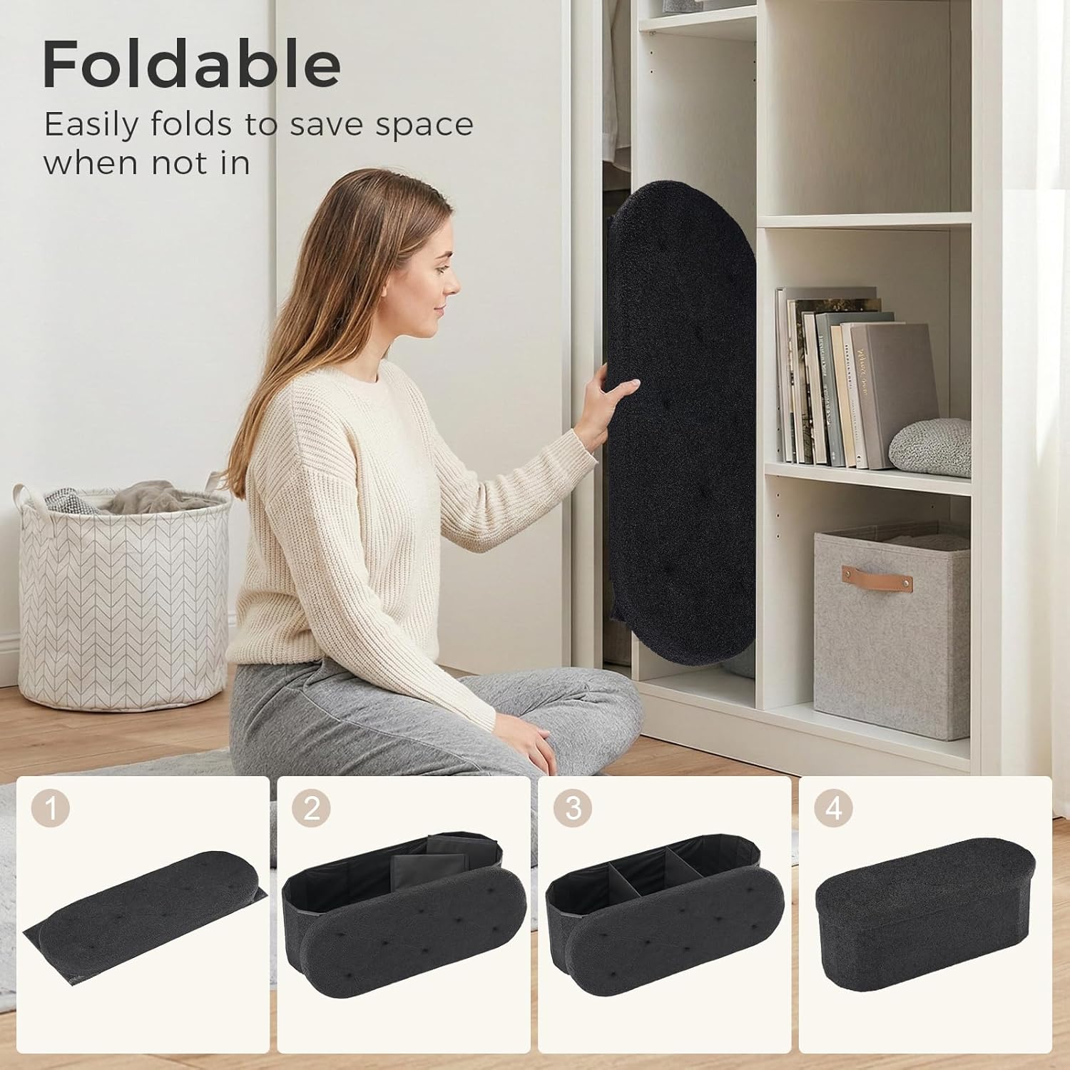 43 inches Folding Storage Ottoman Bench, Oval Round Ottoman End of Bed Foot Rest Bench Stool with Cushion, Storage Chest for Bedroom, Living Room, Entryway, Black