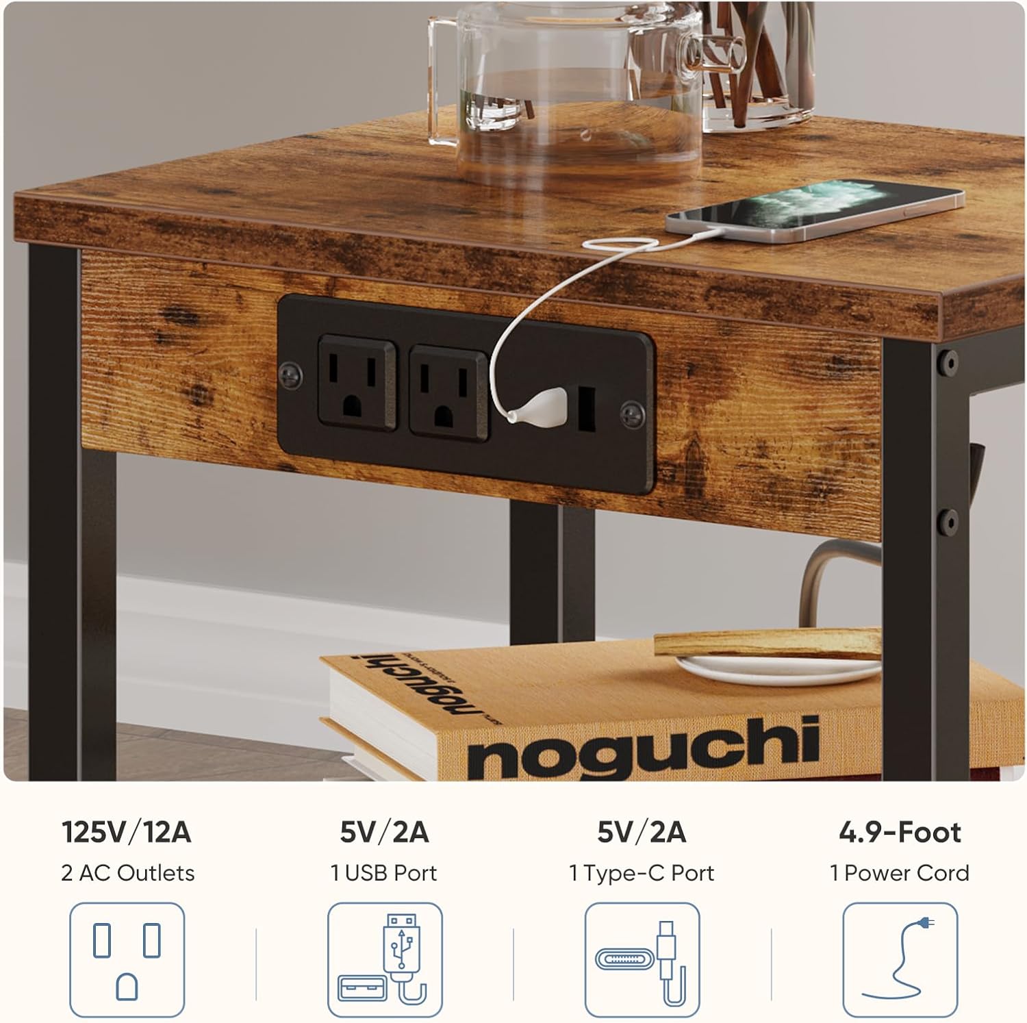 15.7 Small Side Table Set of 2 with Charging Station, End Table with Outlets & USB Ports, 3-Tier Adjustable Nightstand for Living Room, Bedroom, Small Spaces, Record Player Stand, Rustic Brown