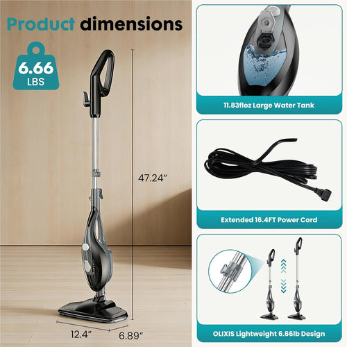 10-in-1 Steam Mop, 1550W Detachable Handheld Steam Cleaner for Floor Cleaning, 16FT Cord, 2 Washable Pads, Multi-Purpose Floor Steamer for Hardwood, Carpet, Tile, Grout, Windows, Black Grey