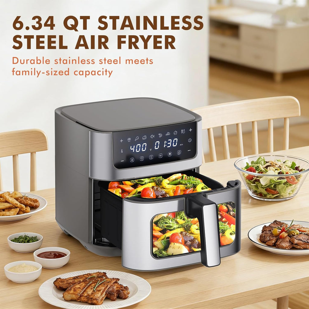 6.34QT Air Fryer with Window, 8 Food Presets with 400??F Max Heat, 90-Min Timer, Nonstick Dishwasher-Safe Basket for Air Fry, Roast, Reheat, Bake, Stainless Steel, Grey