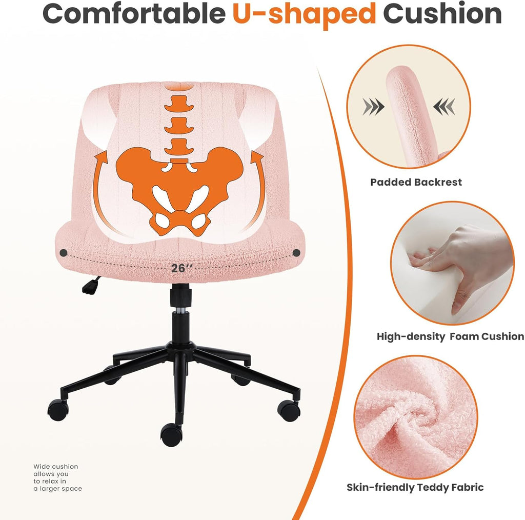 NEWBULIG Armless Office Desk Chair,Criss Cross Legged and Wide Padded Seat with Wheels, Adjustable Height and Tilted Angles,Swivel Rolling Task Vanity Chair for Bedroom,Peach Pink