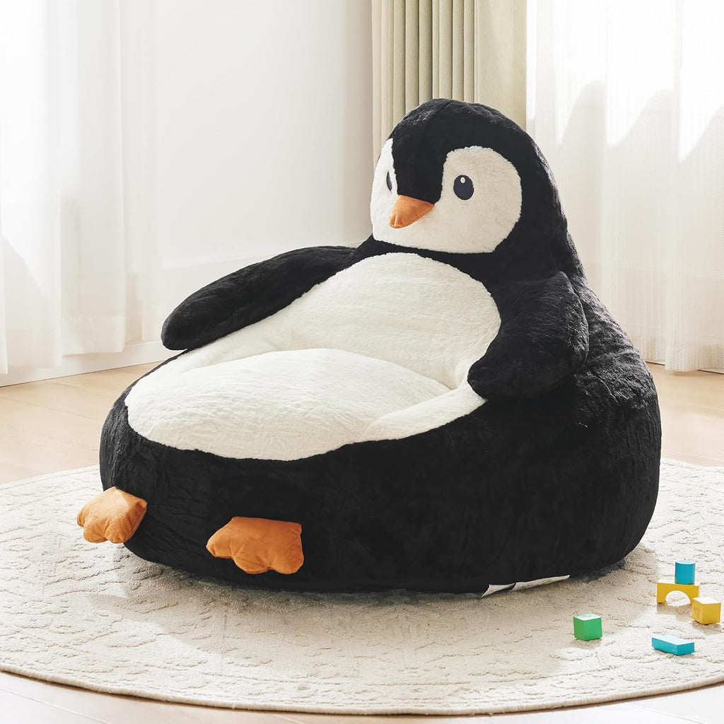 Kids Bean Bag Chair, Stuffed Toddler Couch with Faux Rabbit Fur Cover for Teens & Kids, Comfy Lazy Sofa Chair for Reader, Living Room, Bedroom, Aged 4-12 Years, 34 Inch, Penguin Black White