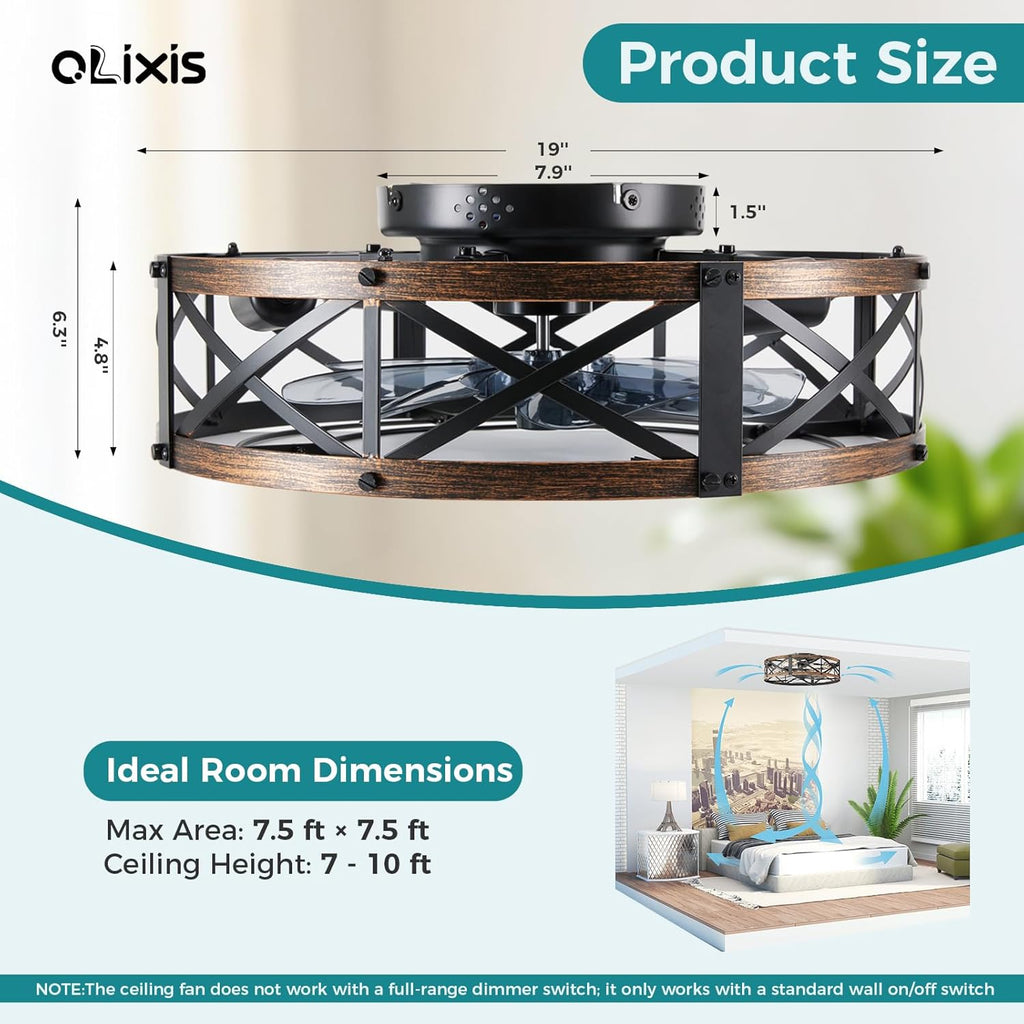Ceiling Fans with Remote, Farmhouse Ceiling Fan, 19 Inch Low Profile Caged Fandelier, Flush Mount with 6 Wind Speeds, for Bedroom, Kitchen, Living Room, Bulbs Not Included, Gold