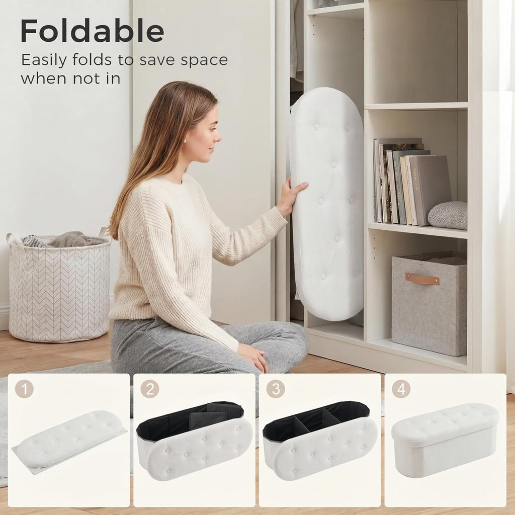 43 inches Folding Storage Ottoman Bench, Oval Round Ottoman End of Bed Foot Rest Bench Stool with Cushion, Storage Chest for Bedroom, Living Room, Entryway, White