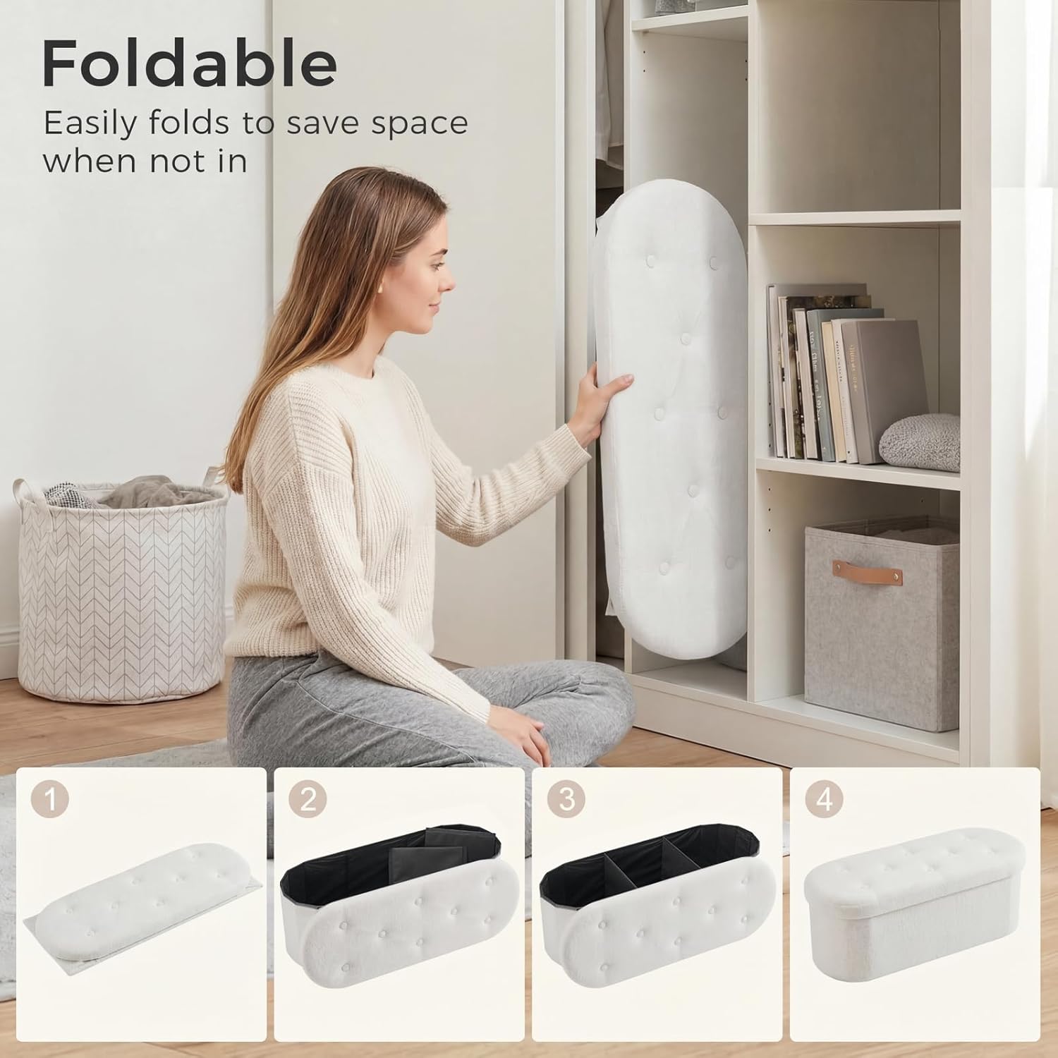 43 inches Folding Storage Ottoman Bench, Oval Round Ottoman End of Bed Foot Rest Bench Stool with Cushion, Storage Chest for Bedroom, Living Room, Entryway, White