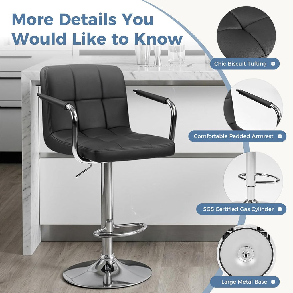 Bar Stools Set of 4, Adjustable Swivel Bar Chairs with Padded Armrests and Ergonomic Backrest for Kitchen Island Counter Pub Dining Room, Water-Resistant PU Leather, Black