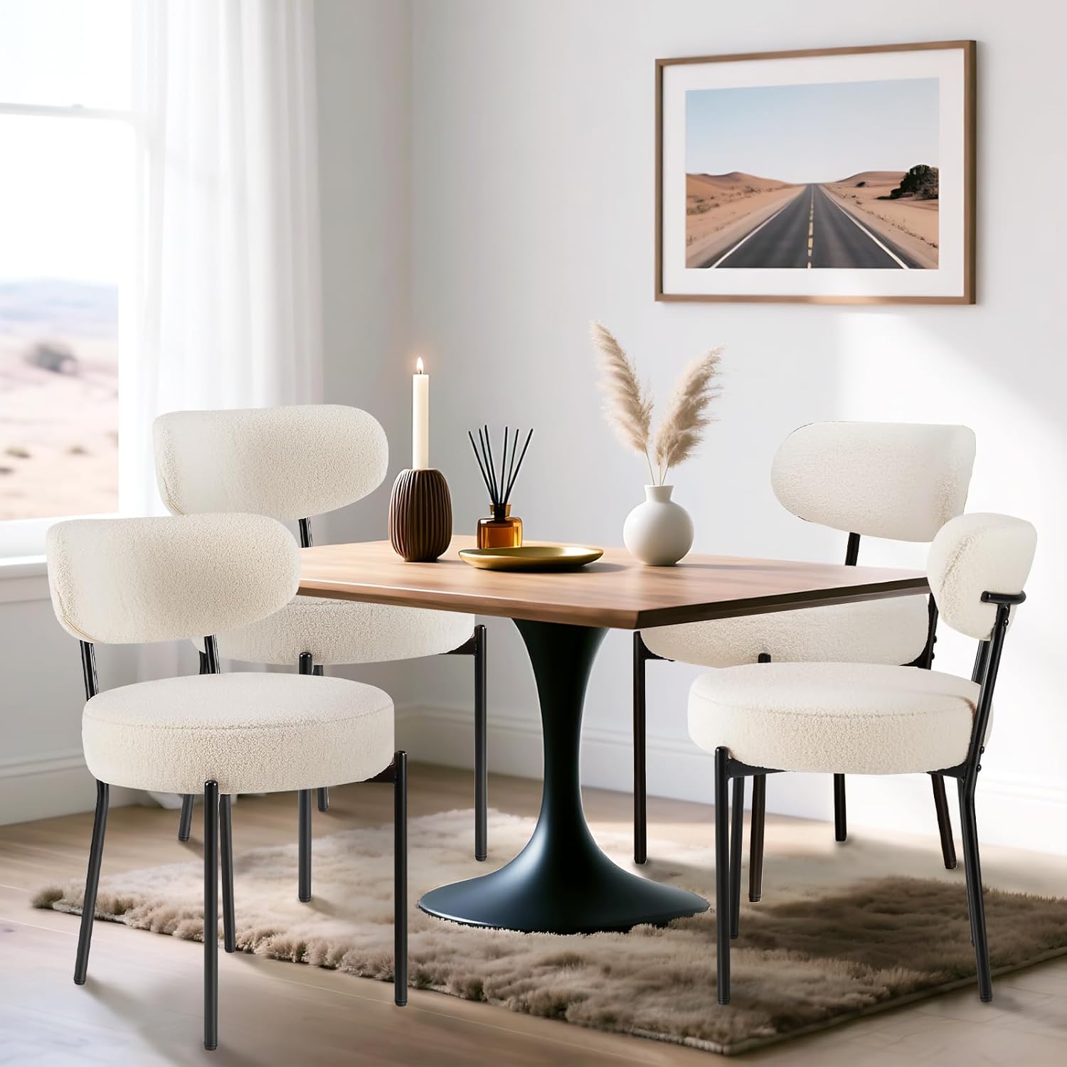 Dining Chairs Set of 4, Mid Century Modern Chair Round Upholstered Curved Backrest, Kitchen Vanity Living Room Chairs with Black Metal Legs, Beige