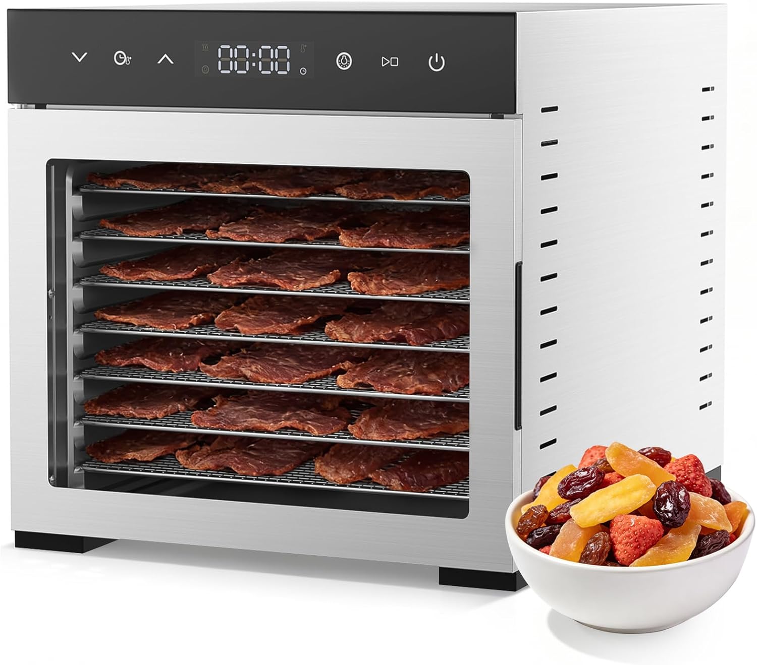 Food Dehydrator Machine, 500W Jerky Dehydrators with 8 Stainless Steel Large Trays, 185??F Temperature Control & 24H Timer Food Dryer for Fruit Meat Herb Dog Treats, Silver
