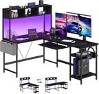 53?? Gaming Desk with USB Charging Ports & LED Lights, Reversible L Shaped Desks Computer Corner Gamer Table with Power Outlets Monitor Stand Storage Shelves for Home Office Small Space, White