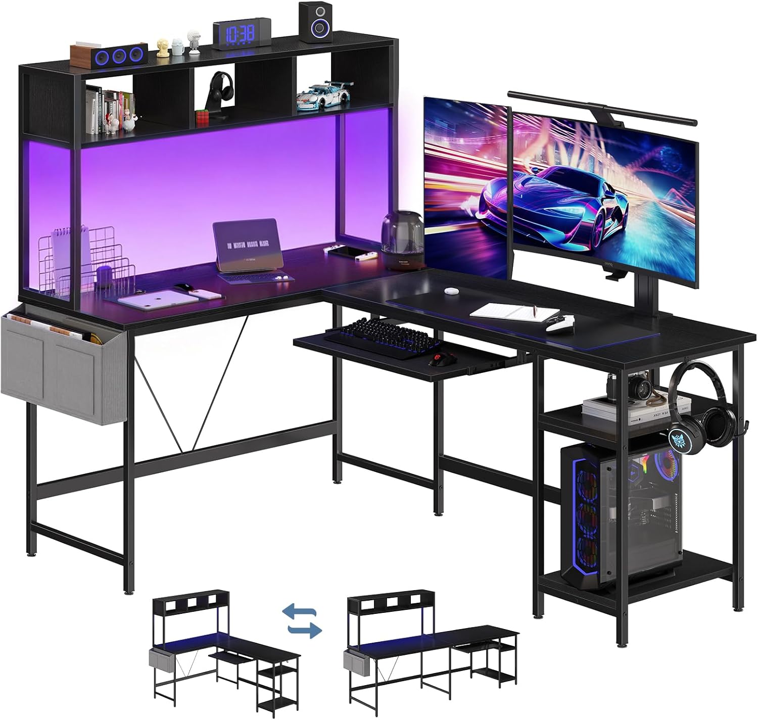 47?? Gaming Desk with USB Charging Ports & LED Lights, Reversible L Shaped Desks Computer Corner Gamer Table with Power Outlets Monitor Stand Storage Shelves for Home Office Small Space, White