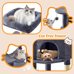 Small 44 Inch Cat Tree Tower, Cat Climbing Tower with Natural Sisal Scratching Posts, Hammock, Pet Condo for Indoor Cats and Kittens Play, Dark Grey