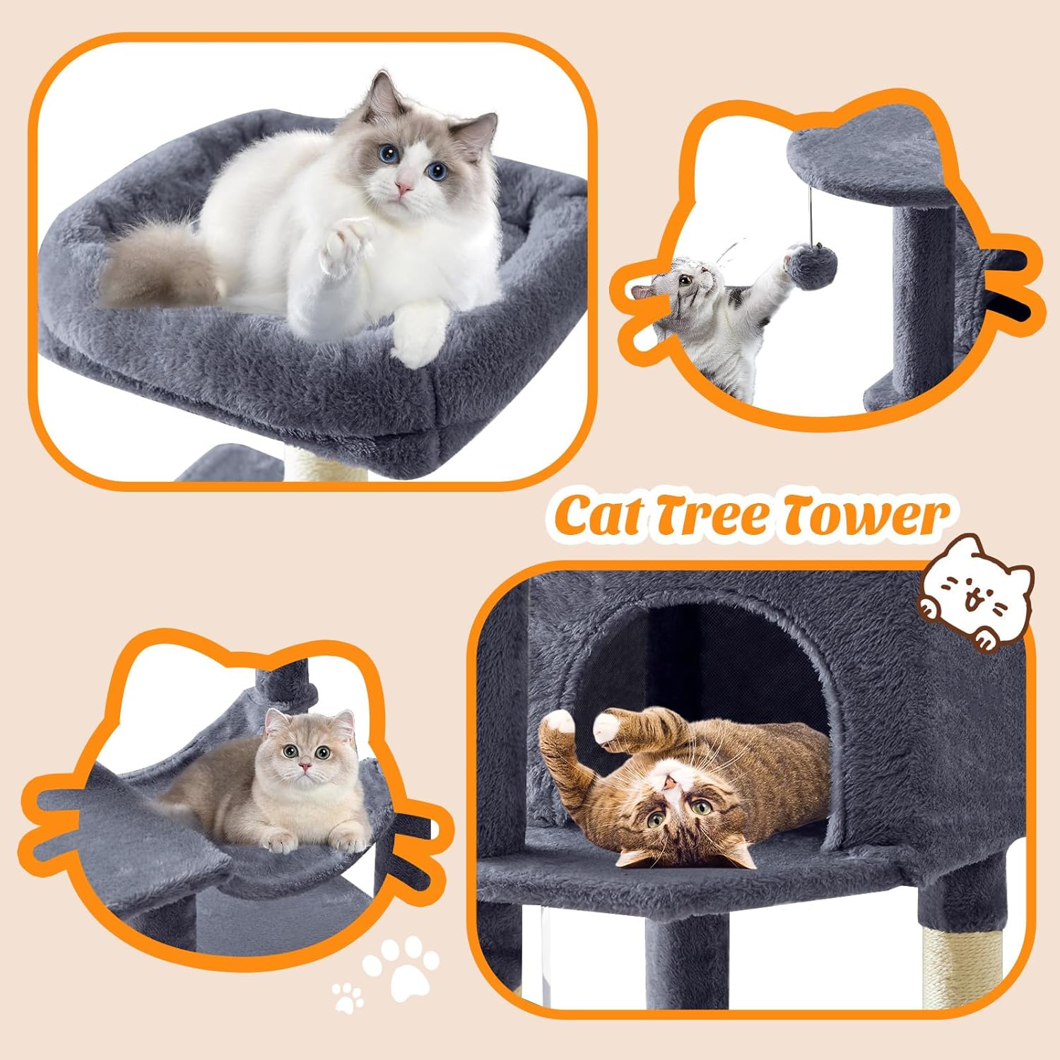 Small 44 Inch Cat Tree Tower, Cat Climbing Tower with Natural Sisal Scratching Posts, Hammock, Pet Condo for Indoor Cats and Kittens Play, Dark Grey