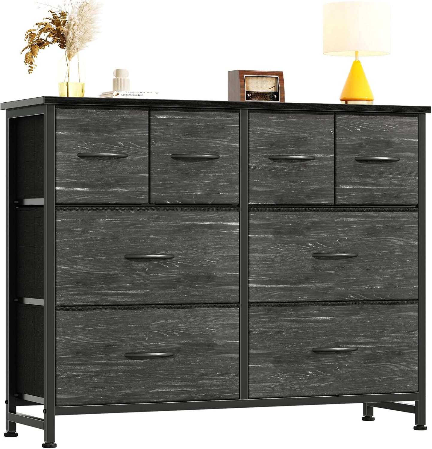 TV Stand, Dresser with 8 Fabric Drawers, Spacious Storage Tower for Closet, TV Stand with Wood Top and Mental Frame, Storage Unit for Living Rooms, Bedroom and Entryway, Pink