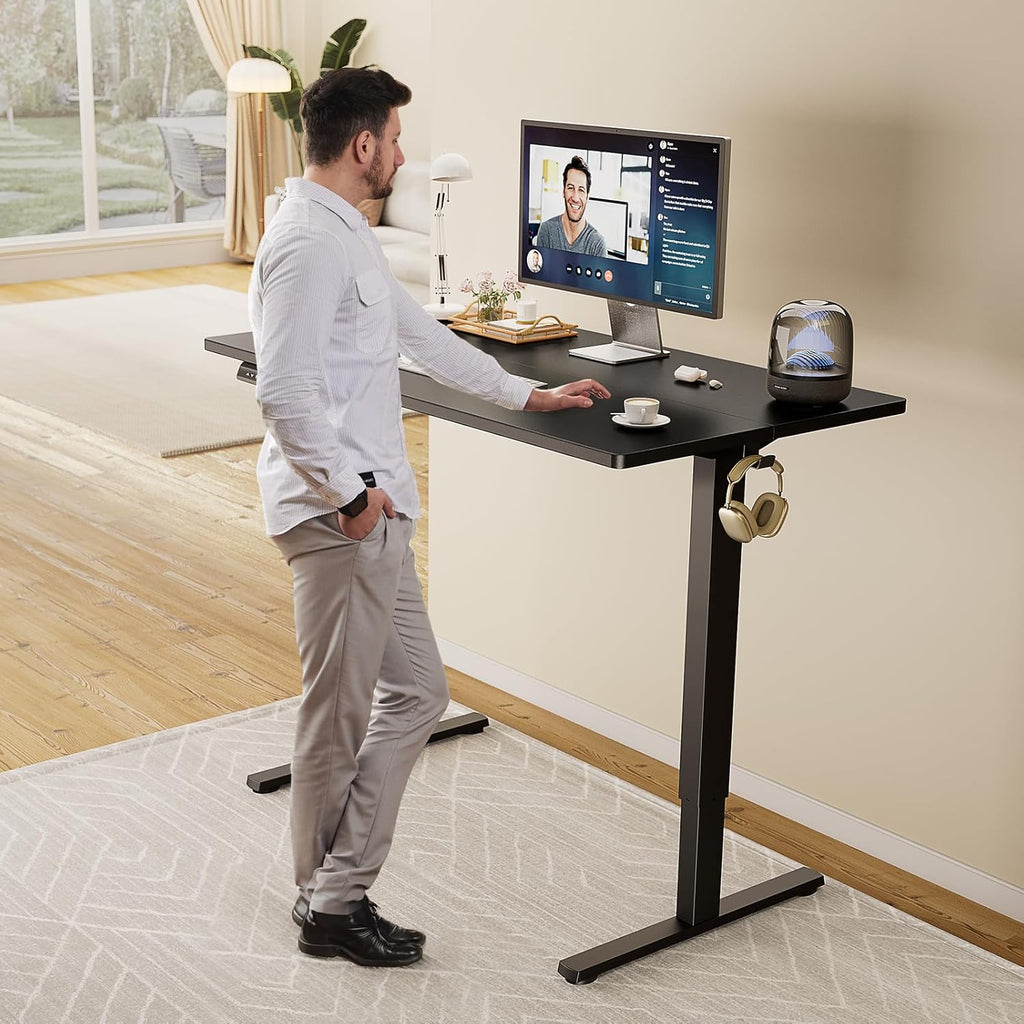 Electric Standing Desk Adjustable Height, 48x24 Inch Sit Stand Up Home Office Desks Memory Computer Workstation PC Work Table with Preset Splice Wood Board Metal Frame, Black