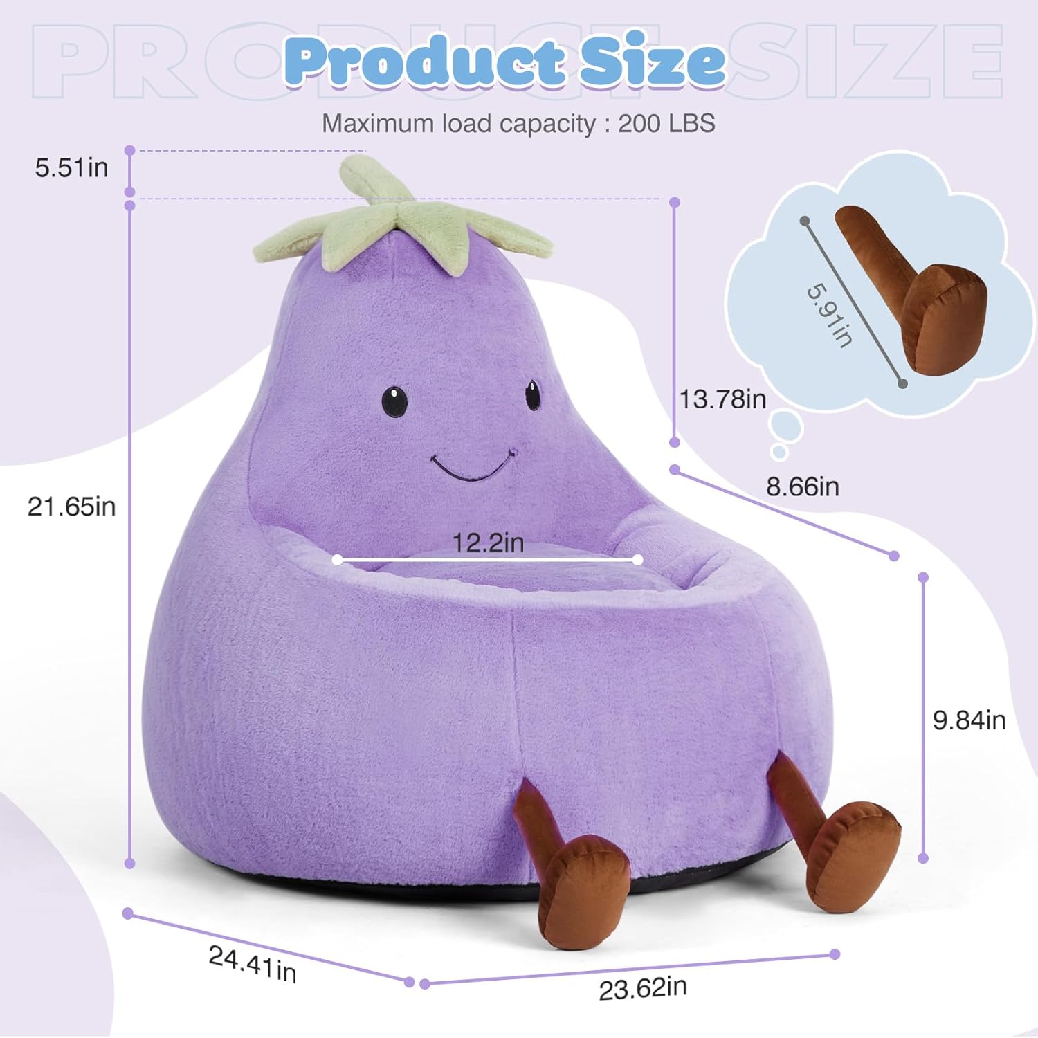 Kids Bean Bag Chair, Stuffed Toddler Couch with Faux Rabbit Fur Cover for Teens & Kids, Comfy Lazy Sofa Chair for Reader, Living Room, Bedroom, Aged 4-12 Years, 24 Inch, Purple