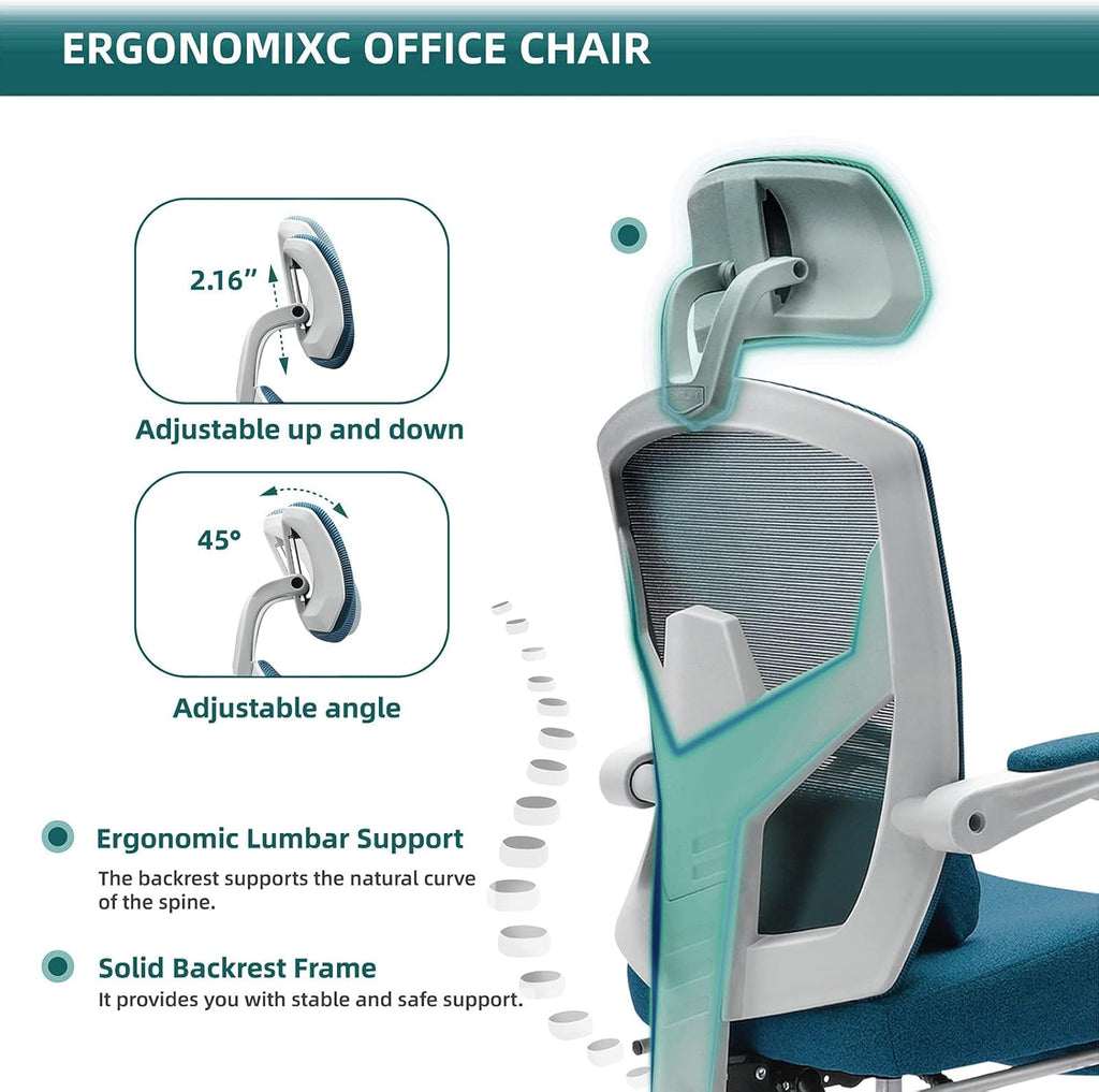 Home Office Desk Chair with Footrest, High-Back Mesh Rolling Swivel Reclining Chairs with Wheels, Comfortable Headrest, Lumbar Support, Comfy Arms for Home, Office, Gaming, Student, Elegant Blue