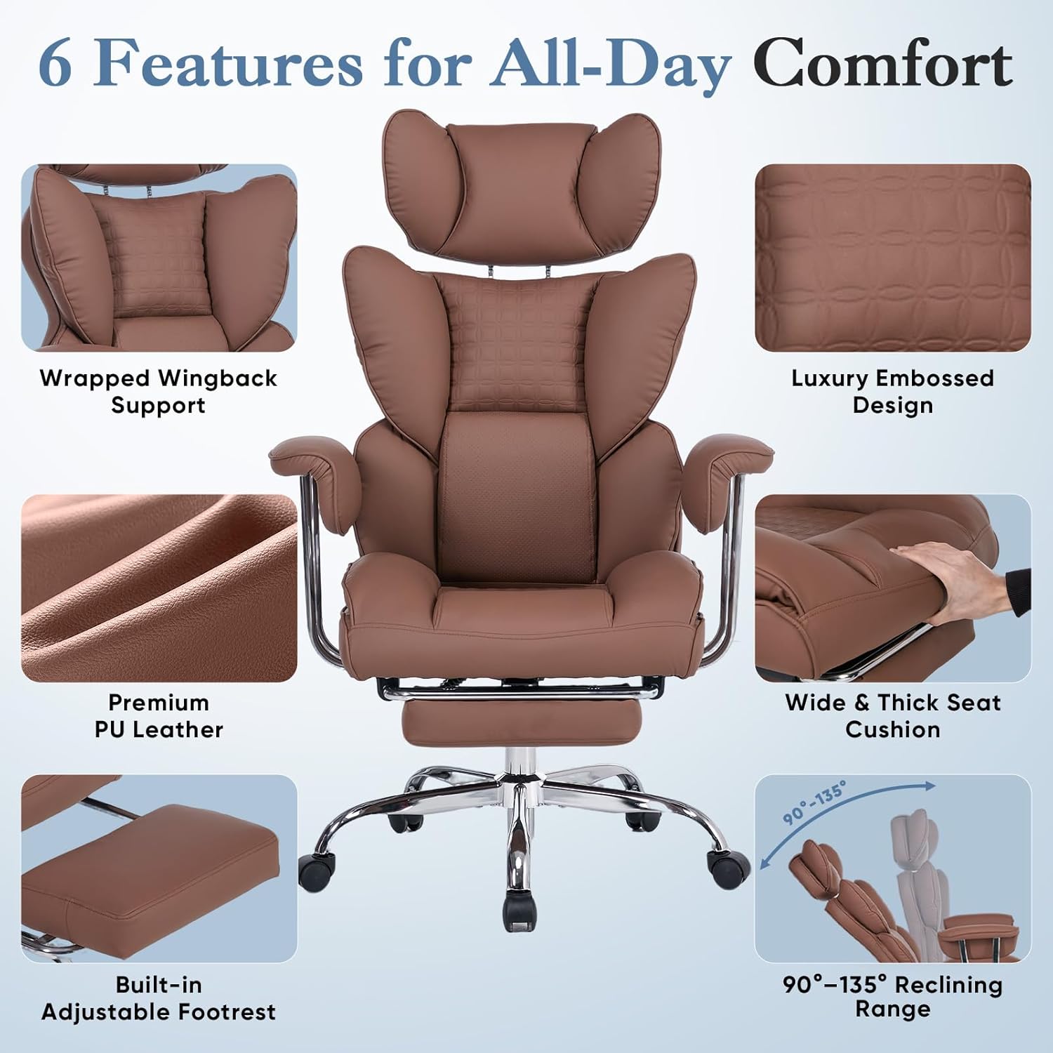 Big and Tall Office Chair 350 LBS, Scratch-Resistant PU Leather Executive Office Desk Chair with Footrest, Ergonomic Reclining Computer Chair with Pocket Spring Support for Home Office, Brown