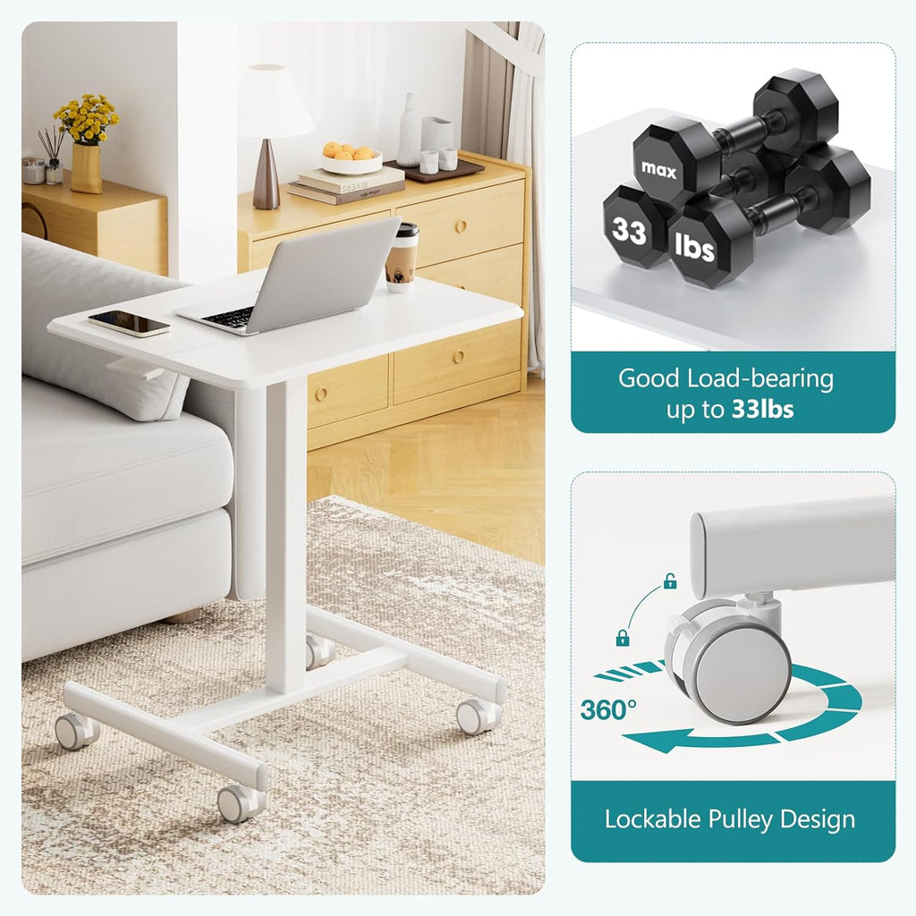 Small Standing Desk with Locking Wheels, Mobile Portable Rolling Laptop PC Table, Adjustable Height Computer Workstation for Home Office, 19 Inch, White