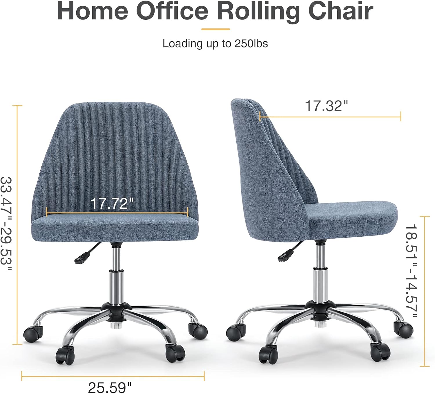 Armless Vanity Chair, Cute Comfy Home Office Desk Chair with Wheels, Modern Upholstered Task Computer Seat for Bedroom, Study, Makeup Vanity, Height Adjustable & Swivel, Blue