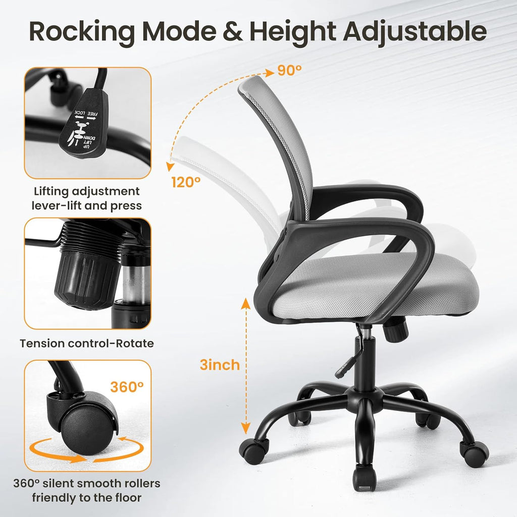 Office Desk Chair - Ergonomic Mid Back with Lumbar Support & Rocking Mode, Height Adjustable with Fixed Armrest, Storage Back for Computer, Gaming, Conference, Meeting Room, 360?? Swivel, Grey