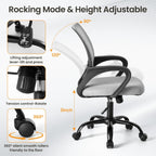 Office Desk Chair - Ergonomic Mid Back with Lumbar Support & Rocking Mode, Height Adjustable with Fixed Armrest, Storage Back for Computer, Gaming, Conference, Meeting Room, 360?? Swivel, Grey