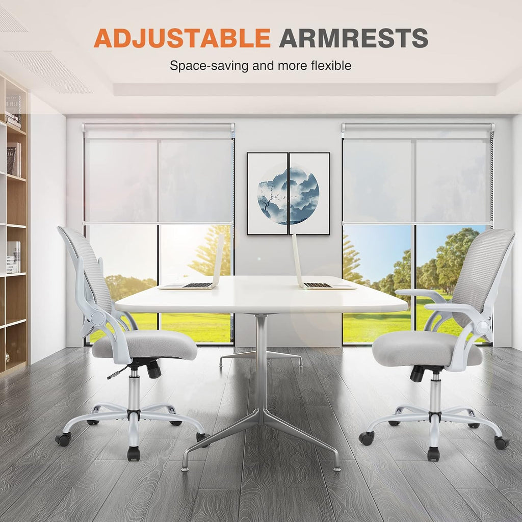 Home Office Managerial Executive Chair, Ergonomic Mesh Adjustable Swivel Mid-Back Chair with, Flip-up Arms, Comfortable Lumbar Support, Comfy Arms for Bedroom,Study,Student, Grey