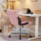 Criss Cross Office Chair with Wheels, Wide Cross Legged Desk Vanity Chair Comfy Fabric Flip-Arms Adjustable Swivel Chairs for Home Computer Bedroom, Teddy Pink