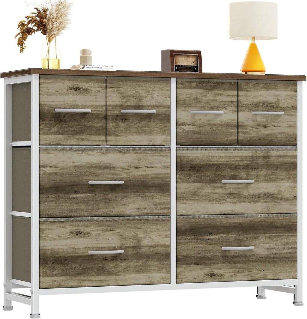 TV Stand, Dresser with 8 Fabric Drawers, Spacious Storage Tower for Closet, TV Stand with Wood Top and Mental Frame, Storage Unit for Living Rooms, Bedroom and Entryway, White
