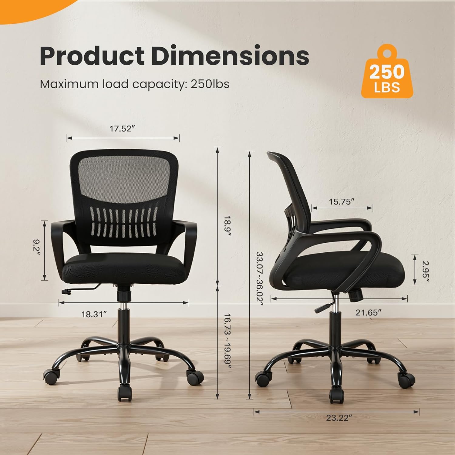 Home Office Managerial Executive Chair, Ergonomic Mesh Adjustable Swivel Mid-Back Computer Desk Chair with Comfortable Lumbar Support, Comfy Arms for Bedroom,Study