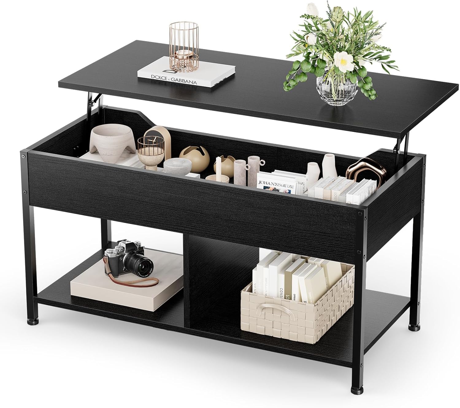 Lift Top Coffee Table with Storage 39 Center Table with Hidden Compartment & 2 Shelves Farmhouse, Wood Coffee Table for Living Room with Sturdy Lift-Top Adjustable Feet Rust Dark