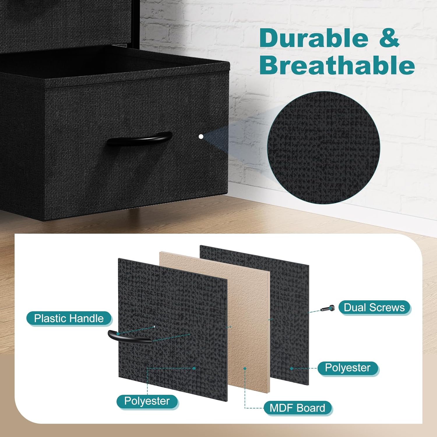 8 Drawer Dresser for Bedroom, Wide Fabric Storage Tower with Wooden Top and Metal Frame, Closet Chest Organizer Furniture, Living Room Hallway, Black
