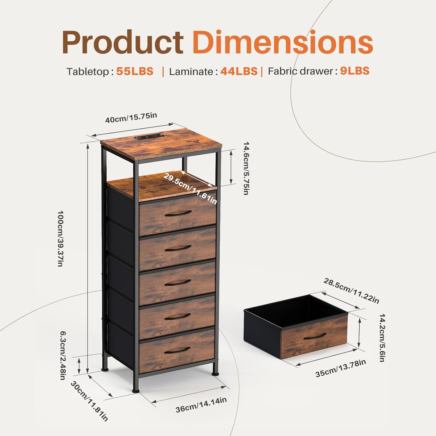 Nightstands Set of 2 with Charging Station, Bedside Table with USB Ports & Type-C, 2 Fabric Drawers Night Stand with Open Shelf, Compact End Table for Bedroom, Rustic Brown