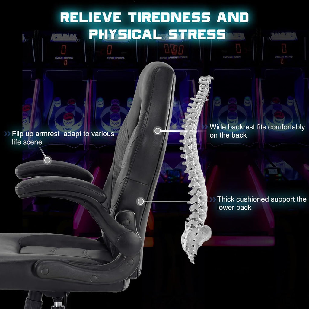 Ergonomic Computer Gaming Chair - Home Office Desk with PU Leather Lumbar Support, Height Adjustable Big and Tall Video Game with Flip-up Armrest, Swivel Wheels for Adults, Black