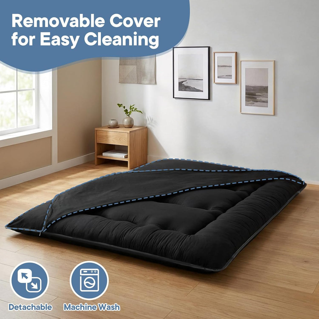 Japanese Floor Mattress Queen Size, Futon Mattress Foldable with Removable Washable Cover, Portable Roll Up Tatami Mat for Small Bedroom, Couples, Family Movie Night and Home Use, Black