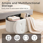 30 Inches Folding Storage Ottoman Bench, Oval Round Ottoman End of Bed Foot Rest Bench Stool with Cushion, Storage Chest for Bedroom, Living Room, Entryway, White