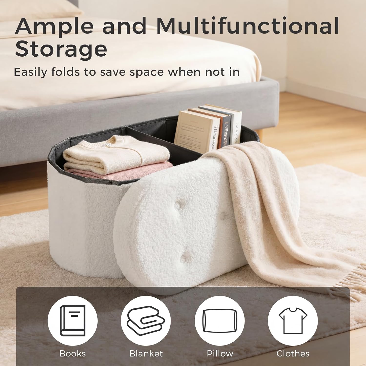30 Inches Folding Storage Ottoman Bench, Oval Round Ottoman End of Bed Foot Rest Bench Stool with Cushion, Storage Chest for Bedroom, Living Room, Entryway, White