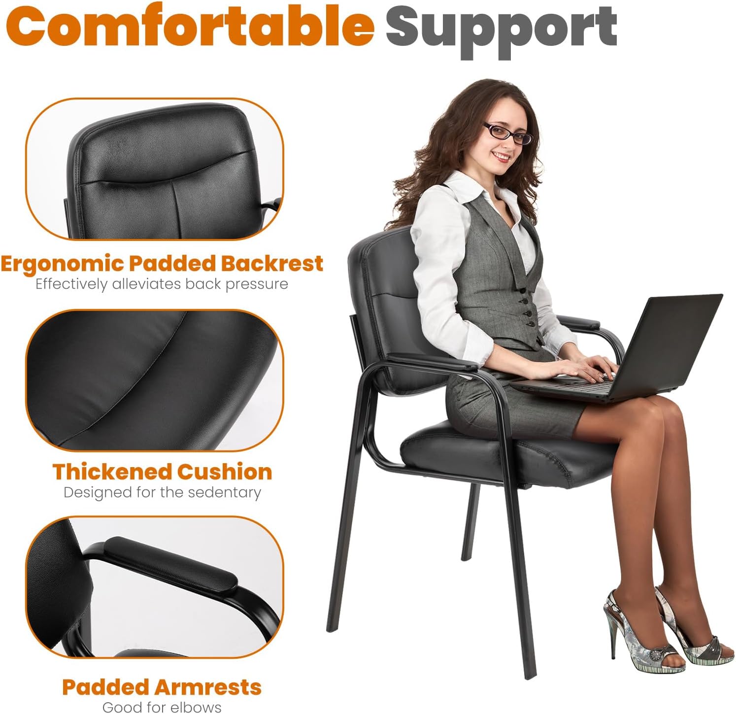 Office Waiting Room Chairs Set of 2, Leather Desk Reception Guest Stationary Side Chair with Padded Arms for Home Conference Lobby Medical Clinic