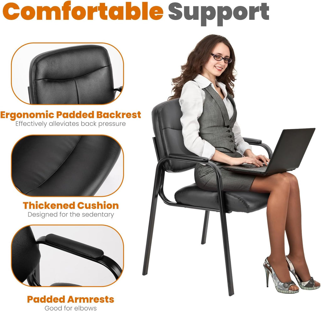 Office Waiting Room Chair, Leather Desk Reception Guest Stationary Side Chairs with Padded Arms for Home Conference Lobby Medical Clinic