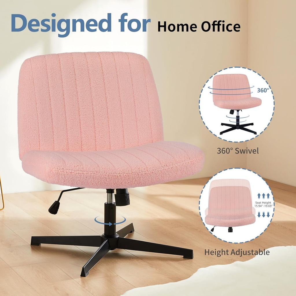 Criss Cross Chair No Wheels, Legged Office Desk Armless Chiar Wide Seat, Adjustable Swivel Teddy Fabric Task Vanity Chairs for Home Bedroom, Pink