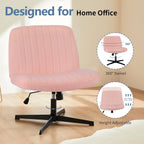 Criss Cross Chair No Wheels, Legged Office Desk Armless Chiar Wide Seat, Adjustable Swivel Teddy Fabric Task Vanity Chairs for Home Bedroom, Pink