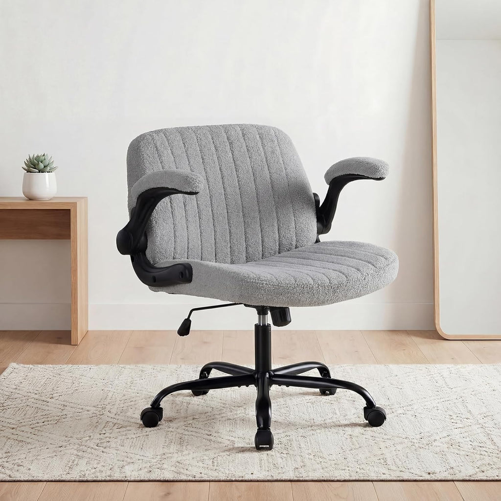 Criss Cross Office Chair with Wheels, Wide Cross Legged Desk Vanity Chair Comfy Fabric Flip-Arms Adjustable Swivel Chairs for Home Computer Bedroom, Grey