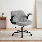 Criss Cross Office Chair with Wheels, Wide Cross Legged Desk Vanity Chair Comfy Fabric Flip-Arms Adjustable Swivel Chairs for Home Computer Bedroom, Grey