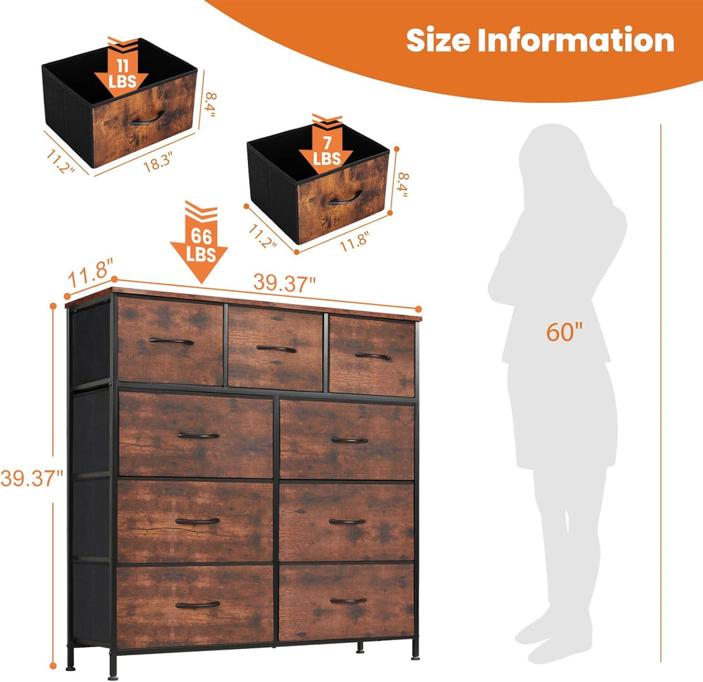 Dresser for Bedroom with 9 Storage Drawers, Large Fabric Storage Tower Organizer, Chest of Drawers with Metal Frame Wooden Top for Closet, Living Room, Entryway, Brown