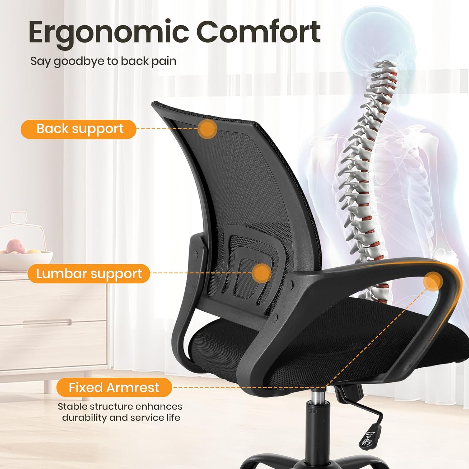Office Desk Chair - Ergonomic Mid Back with Lumbar Support & Rocking Mode, Height Adjustable with Fixed Armrest, Storage Back for Computer, Gaming, Conference, Meeting, 360?? Swivel, Black