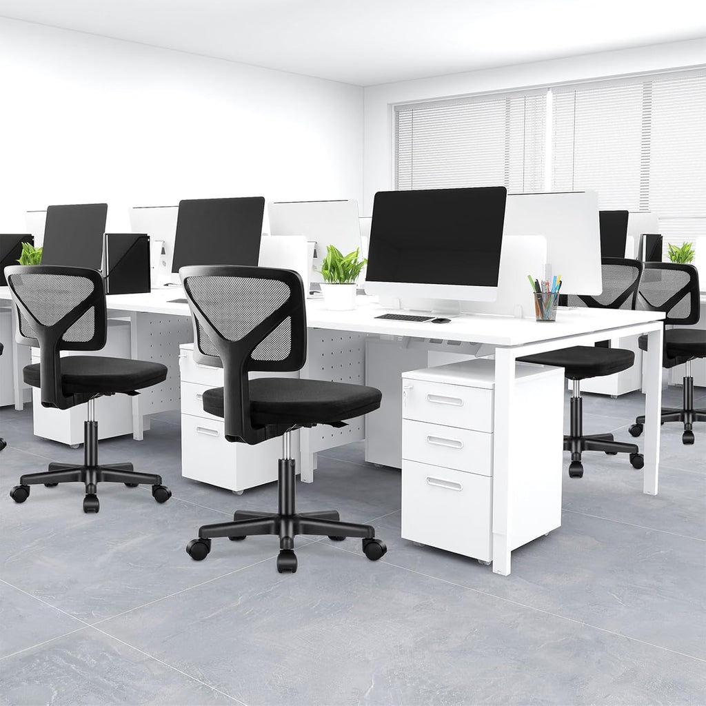 Armless Office Chairs with Wheels, Ergonomic Adjustable Home Desk Swivel Rolling Task Chair No Arms, Comfy Mesh Mid Back Computer Work Vanity Desk Chairs for Small Spaces, New Black