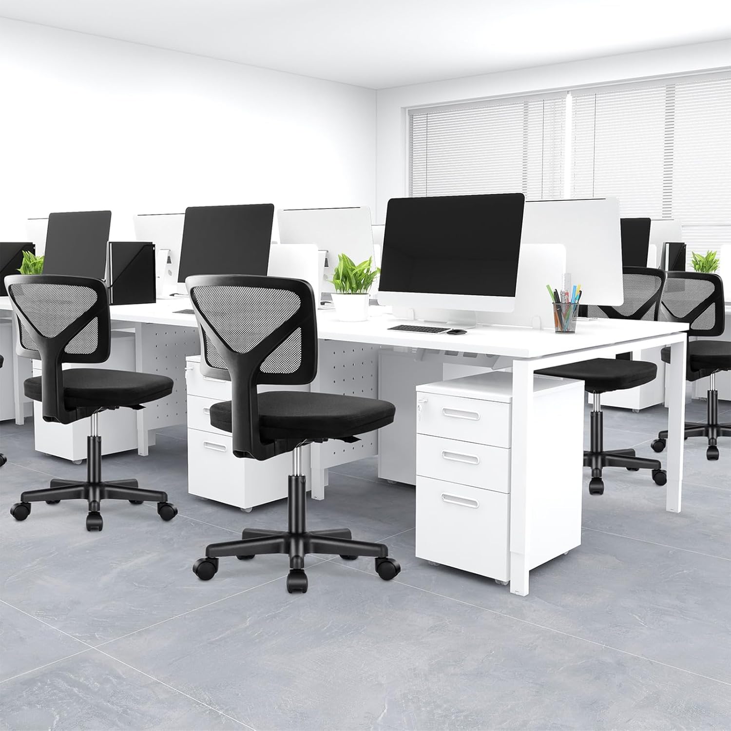 Armless Office Chairs with Wheels, Ergonomic Adjustable Home Desk Swivel Rolling Task Chair No Arms, Comfy Mesh Mid Back Computer Work Vanity Desk Chairs for Small Spaces, New Black