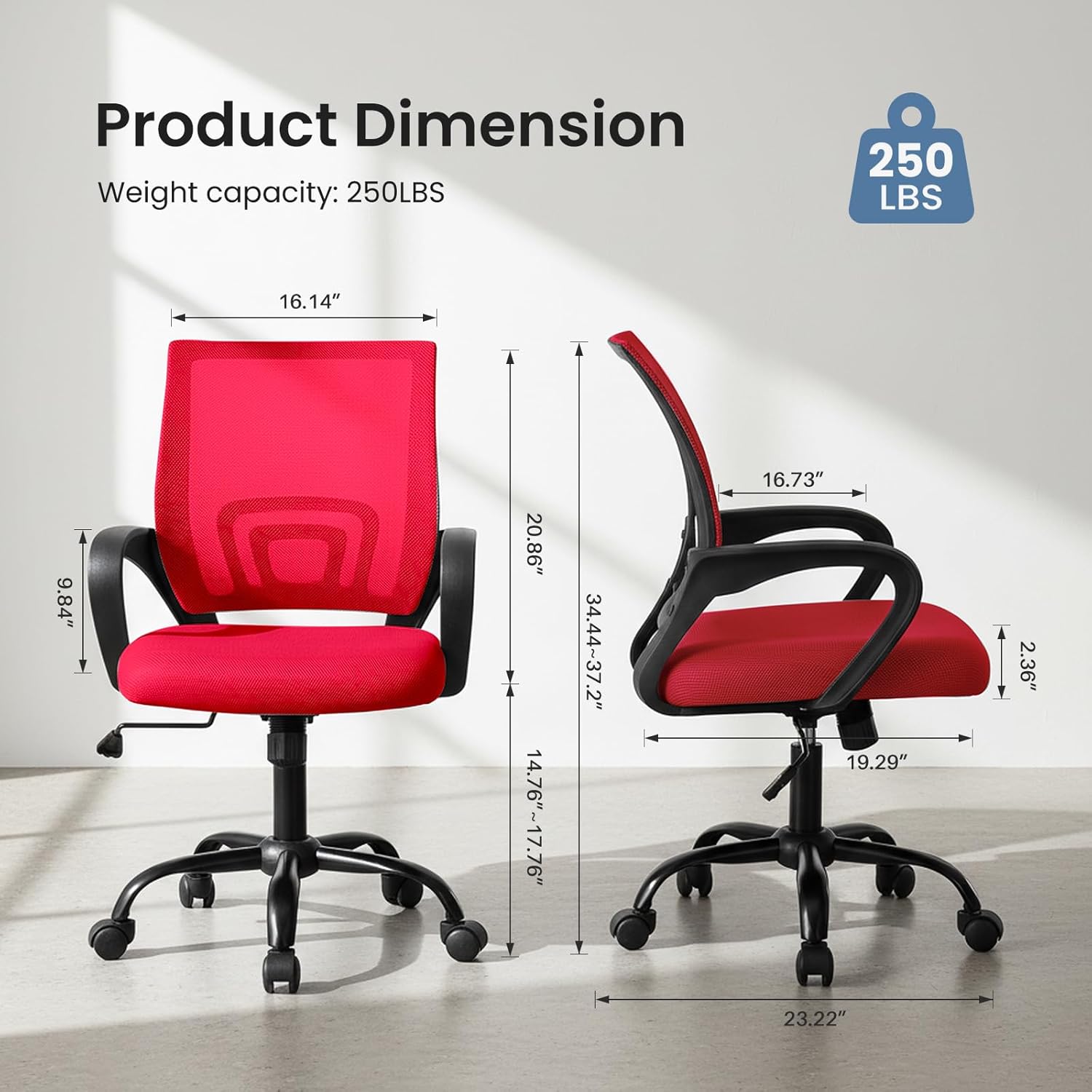 Office Desk Chair - Ergonomic Mid Back with Lumbar Back Support & Rocking Mode, Height Adjustable with Fixed Armrest, for Computer, Gaming, Conference, Meeting Room, 360?? Swivel, Red